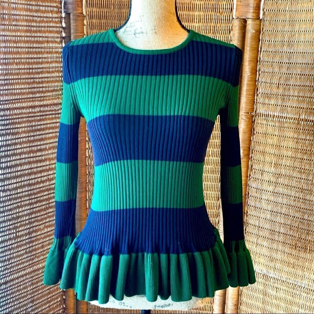 Ann Taylor Green & Blue Ruffle Cuffs Long Sleeve Rib Knit Peplum Sweater